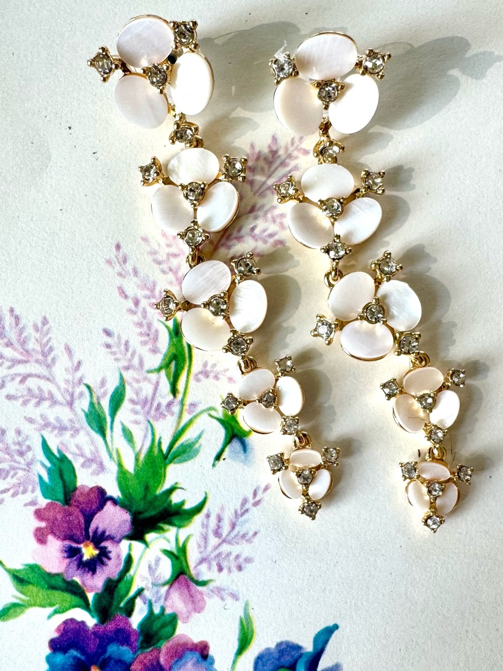 Gold Tone Floral Drop Earrings with White Mother-of-Pearl Petals and Crystals